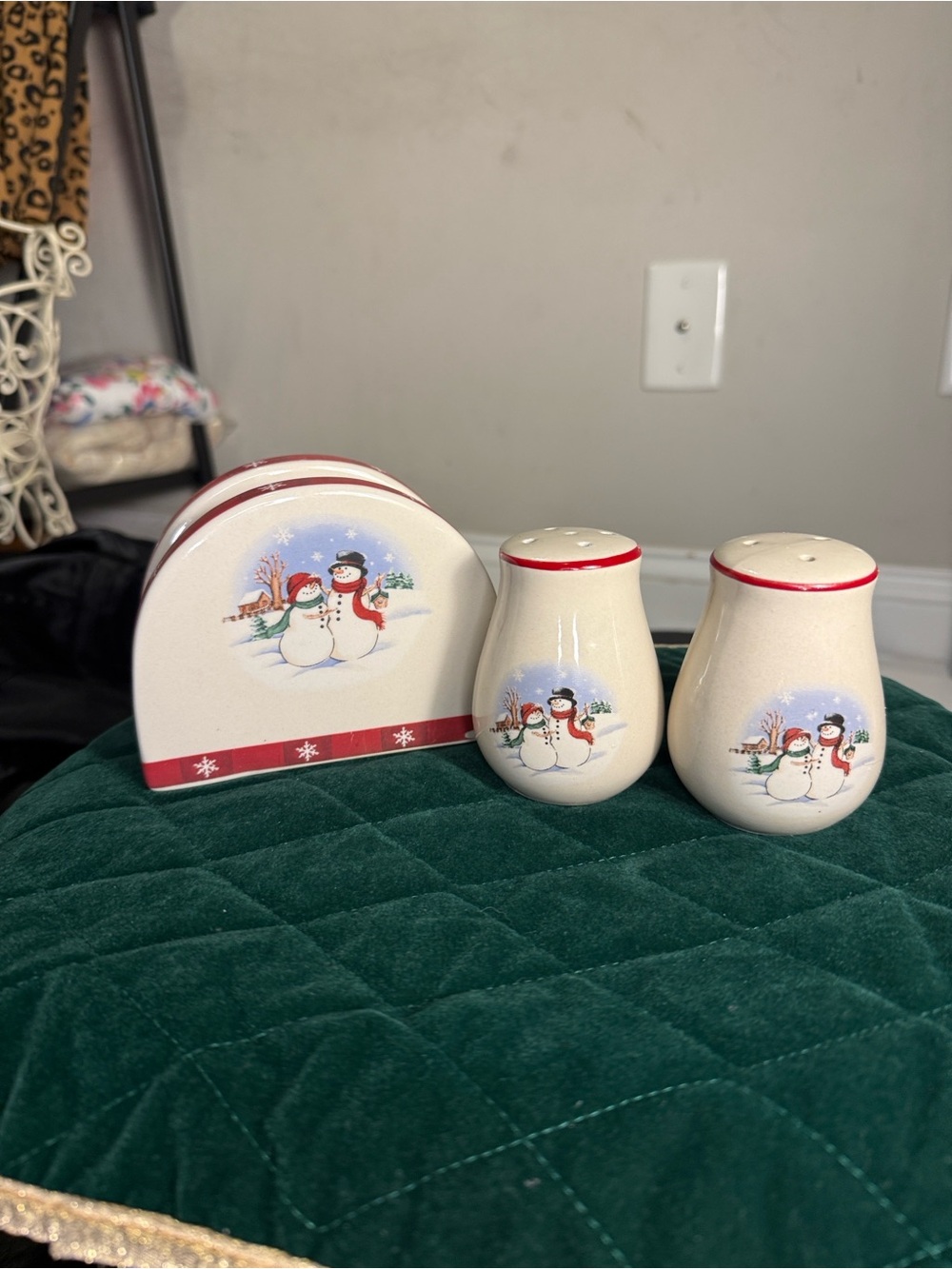 Festive Snowman Ceramic Salt & Pepper Set with Napkin Holder - Cream and Red